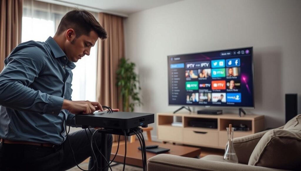 A cozy living room setting showcasing the installation of an IPTV service. In the foreground, a professional technician in smart casual attire is connecting cables to a modern set-top box, focused on the task. The middle ground features a sleek, flat-screen television displaying a colorful home screen interface of various IPTV options. A comfortable sofa with a remote control nearby adds to the homey atmosphere. The background shows a window with soft natural light pouring in, creating a warm and inviting ambiance. The scene conveys a sense of modern technology seamlessly integrating into daily life, highlighting the ease and accessibility of setting up IPTV services.