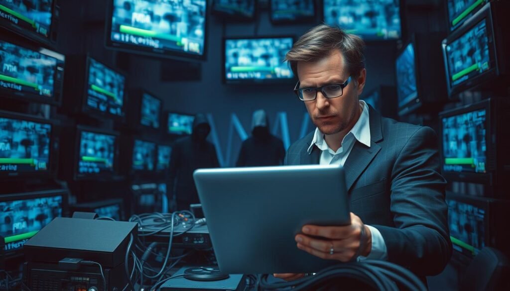 A dimly lit room filled with multiple television screens displaying distorted images and buffering icons, reflecting the instability of unreliable IPTV services. In the foreground, a concerned individual in professional attire is inspecting a laptop, highlighting the risks of security breaches. Their expression shows alarm and uncertainty. In the middle ground, a chaotic assembly of cables and malfunctioning devices represents the technical issues commonly associated with unreliable providers. The background features shadowy figures representing hacking threats, creating a tense atmosphere. The overall mood is somber and cautionary, with cool blue and gray tones. The image is shot with a shallow depth of field, focusing sharply on the individual while blurring the chaotic elements behind them.