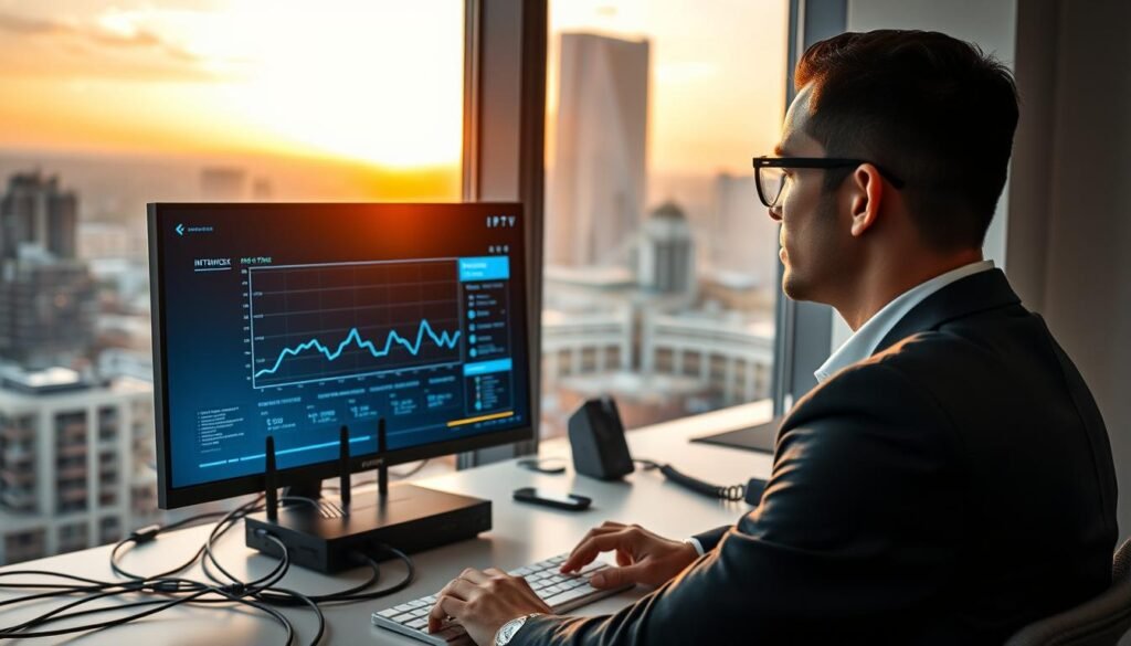A modern office environment featuring a sleek desktop setup with a high-resolution monitor displaying IPTV streaming content, emphasizing the importance of internet connection quality. In the foreground, a focused professional wearing smart business attire analyzes network performance metrics on the screen. The middle layer includes a router with LED indicators glowing to signify strong connectivity, surrounded by cables organized neatly, symbolizing a well-optimized internet connection. In the background, a window reveals a cityscape bathed in warm afternoon light, creating a vibrant yet calm atmosphere. The overall mood conveys efficiency and professionalism, ideal for illustrating the impact of connection quality on IPTV services.