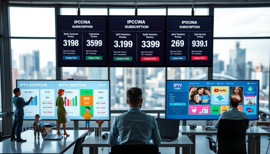 A visually engaging representation of IPTV subscription comparison, featuring multiple IPTV subscription plans displayed on sleek digital screens. In the foreground, there are diverse consumer icons interacting with the screens showing pricing charts and service features. In the middle ground, a modern office environment with stylish desks, laptops, and colorful graphics representing various IPTV services, accentuating options and affordability. The background showcases a blurred city skyline through large windows, creating a contemporary urban atmosphere. Soft, natural lighting illuminates the scene, emphasizing professionalism and clarity, using a wide-angle lens to enhance depth. The overall mood is informative and modern, inviting viewers to delve into the world of IPTV options.