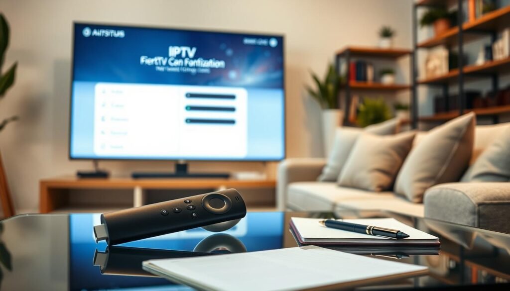 A cozy living room scene in soft, ambient lighting featuring a modern television displaying the IPTV configuration interface. In the foreground, a sleek Amazon Firestick remote rests on a glass coffee table beside a notepad and a pen, hinting at the installation process. The middle ground includes a comfortable couch adorned with plush cushions, inviting viewers to settle in for entertainment. The background showcases softly blurred shelves filled with books and decorative plants, adding warmth to the setting. The composition should be at a slightly angled perspective, creating depth and inviting the viewer into the scene. Emphasize a calm, relaxed atmosphere that conveys the ease and enjoyment of setting up IPTV for viewing on the Firestick.