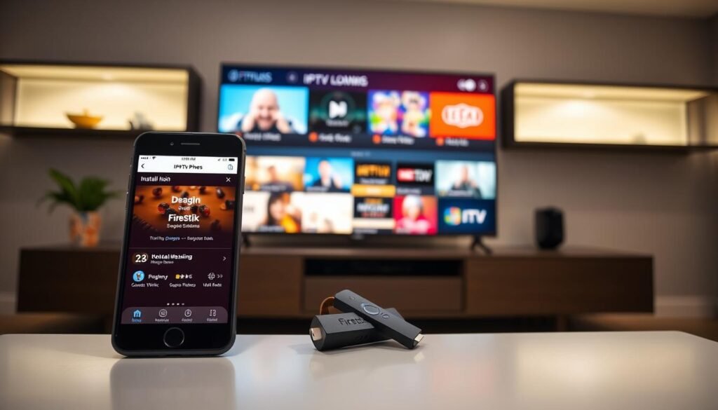 A modern living room setting featuring a smartphone and a Firestick device prominently displayed on a sleek entertainment center. In the foreground, the smartphone screen shows an installation application interface, glowing softly to emphasize the ease of use. The middle ground includes the Firestick plugged into a flat-screen TV, with vibrant IPTV channels streaming in the background. The lighting is warm and inviting, with soft overhead lights casting a cozy ambiance. Use a wide-angle lens to capture the entire scene, ensuring it feels spacious and user-friendly. The overall mood is one of simplicity and enjoyment, highlighting the accessible nature of IPTV installations on mobile devices and streaming platforms.
