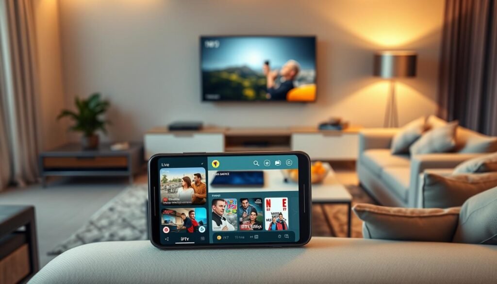 A sleek modern living room setting showcasing an Android smartphone displaying an advanced IPTV application interface. The phone is positioned prominently in the foreground, with vibrant visuals from the app featuring live streaming content, user-friendly navigation buttons, and a grid of channels. In the middle ground, a stylish coffee table is adorned with a tablet and snacks, hinting at a cozy viewing experience. The background reveals a contemporary entertainment center with a large smart TV and soft ambient lighting, creating a warm inviting atmosphere. The scene is illuminated with soft golden hues, casting a professional yet relaxed mood. The composition should maintain a sharp focus on the smartphone while gently blurring the background, enhancing the emphasis on advanced features and user experience.