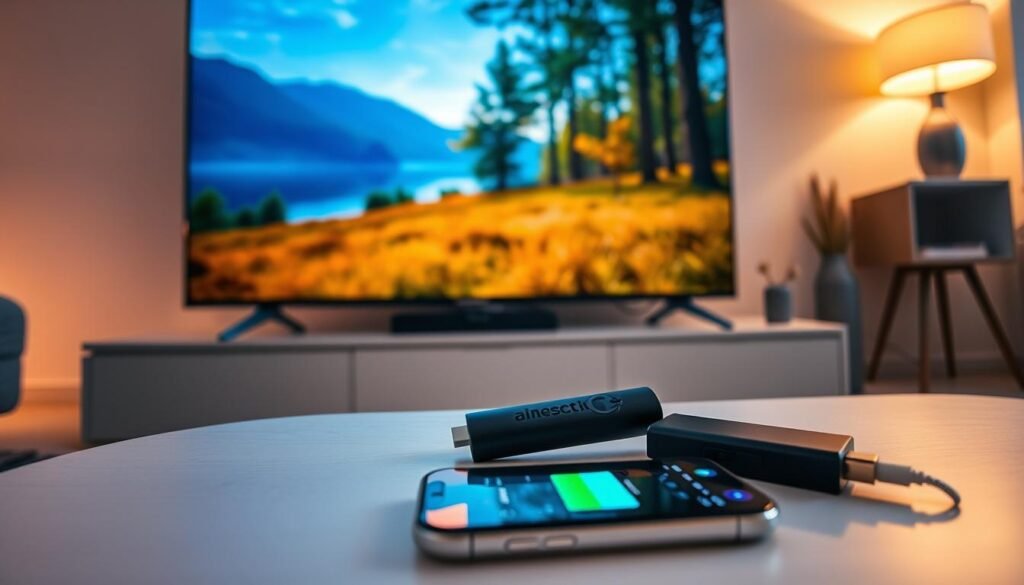 A sleek, modern living room setup featuring a large flat-screen TV displaying a vibrant 4K image of a nature scene, emphasizing rich colors and high-definition detail. In the foreground, a compact Amazon Firestick is connected to the TV, highlighting its role in streaming content. A stylish coffee table sits below, showcasing a smartphone with a battery indicator, demonstrating optimization features for prolonged battery life. Soft, ambient lighting fills the room, creating a cozy atmosphere. The scene is shot from a low angle, accentuating the technology while maintaining a warm and inviting vibe. The background includes subtle decorations, enhancing the tech-savvy aesthetic without distraction.