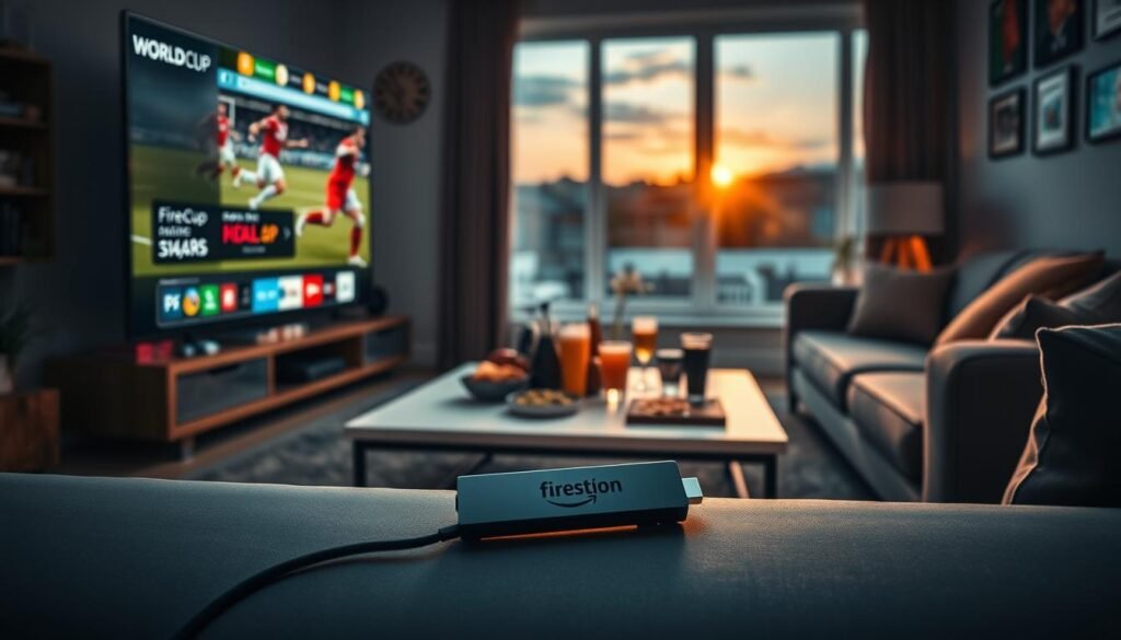 A cozy living room scene highlighting a sleek Amazon Firestick streaming device connected to a large modern TV, displaying a vibrant 4K football match from the World Cup app. In the foreground, the Firestick prominently sits plugged into the TV, showcasing its branding. The middle layer features an assortment of snacks and drinks on a stylish coffee table, enhancing the watch-party atmosphere. The background captures soft lighting, casting a warm glow over the space, with comfortable seating and sports memorabilia adorning the walls. A window reveals a picturesque sunset, creating an inviting ambiance for football fans. The overall mood is vibrant and engaging, perfect for enjoying live sports, with a subtle reference to the "fournisseur IPTV" for enhanced streaming quality. A cozy living room scene highlighting a sleek Amazon Firestick streaming device connected to a large modern TV, displaying a vibrant 4K football match from the World Cup app. In the foreground, the Firestick prominently sits plugged into the TV, showcasing its branding. The middle layer features an assortment of snacks and drinks on a stylish coffee table, enhancing the watch-party atmosphere. The background captures soft lighting, casting a warm glow over the space, with comfortable seating and sports memorabilia adorning the walls. A window reveals a picturesque sunset, creating an inviting ambiance for football fans. The overall mood is vibrant and engaging, perfect for enjoying live sports, with a subtle reference to the "fournisseur IPTV" for enhanced streaming quality.