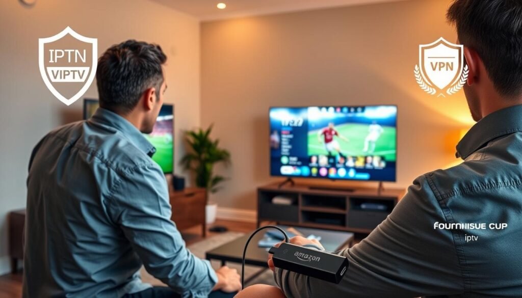 A modern living room scene featuring a sleek Amazon Firestick plugged into an older television, transforming it into a smart TV. In the foreground, a user, dressed in professional casual clothing, is focused on a vibrant display showing a World Cup app with football action. Surrounding the TV, visual representations of secure streaming, such as a virtual private network (VPN) shield symbol, are artistically integrated. The room has warm, inviting lighting, highlighting a comfortable atmosphere perfect for watching football. In the background, subtle decor suggests a cozy family space. Brand elements of "fournisseur iptv" are incorporated into the image, emphasizing easy access to the IPTV service for World Cup viewing. Aim for a dynamic and engaging atmosphere that underscores the excitement of secure streaming during the tournament. A modern living room scene featuring a sleek Amazon Firestick plugged into an older television, transforming it into a smart TV. In the foreground, a user, dressed in professional casual clothing, is focused on a vibrant display showing a World Cup app with football action. Surrounding the TV, visual representations of secure streaming, such as a virtual private network (VPN) shield symbol, are artistically integrated. The room has warm, inviting lighting, highlighting a comfortable atmosphere perfect for watching football. In the background, subtle decor suggests a cozy family space. Brand elements of "fournisseur iptv" are incorporated into the image, emphasizing easy access to the IPTV service for World Cup viewing. Aim for a dynamic and engaging atmosphere that underscores the excitement of secure streaming during the tournament.